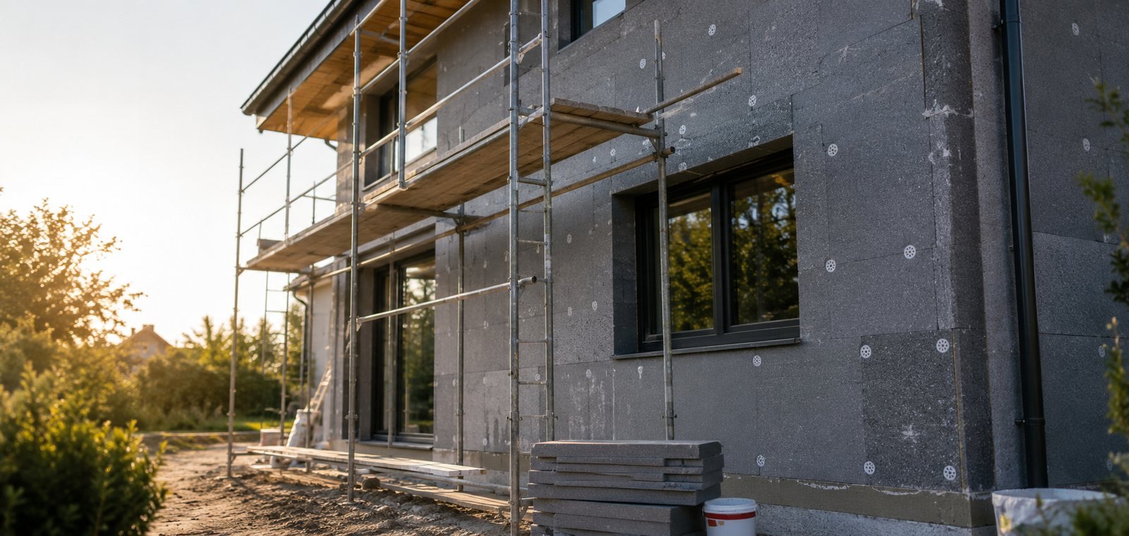 Fassadendämmung an einem sanierten Einfamilienhaus