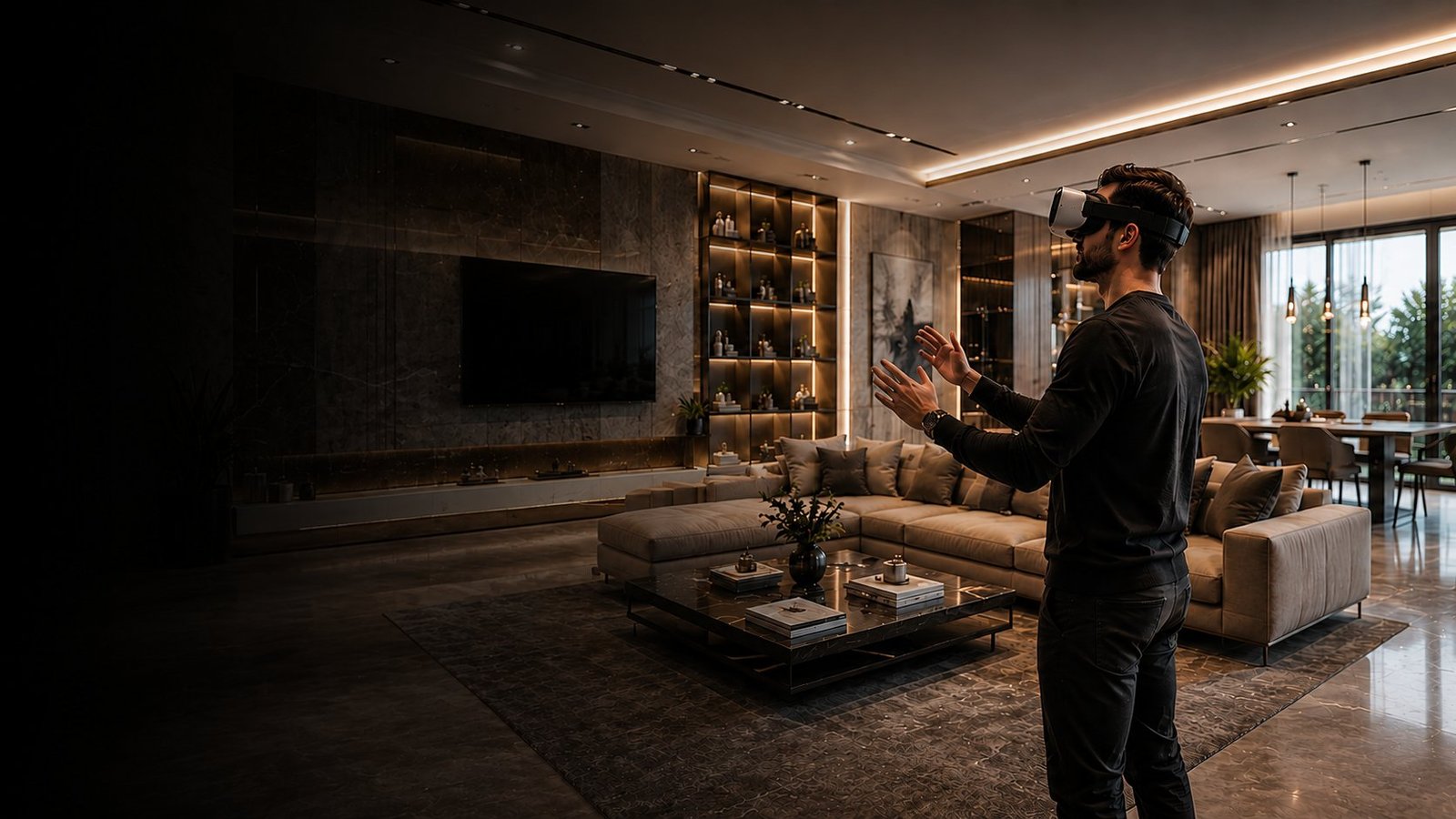 Kunde mit VR-Brille begeht sein geplantes Projekt, bevor gebaut wird